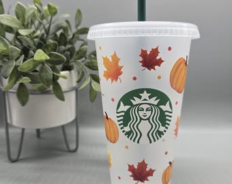 Pumpkin & Leaf Starbucks Cold Cup, Autumn Drinkware (24oz)