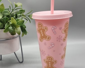 Pink Christmas Cold Cup: Gingerbread & Candy Cane Reusable Cup