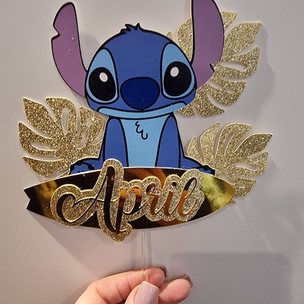 Personalised Stitch cake topper with leafs and surfboard