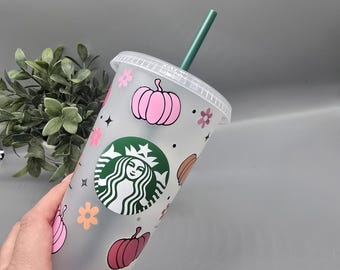 Pink pumpkin starbucks tumbler.  Autumnal Cold cup.