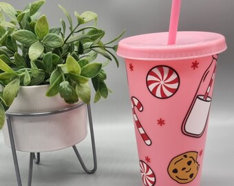 Pink Christmas Cold Cup: Reusable Candy Cane & Cookies Cup