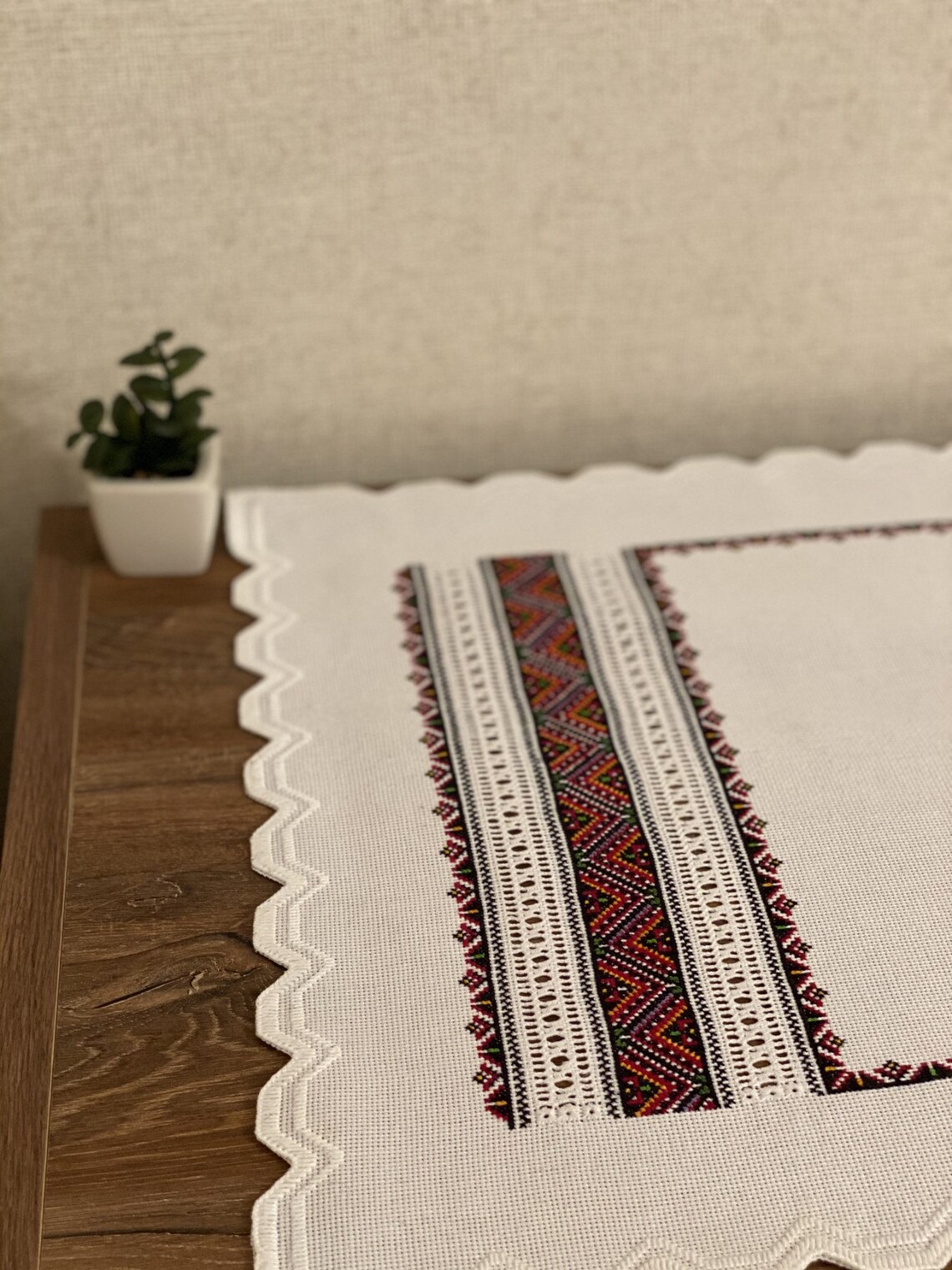Hand embroidered table runner with rich zigzag ornament Etsy