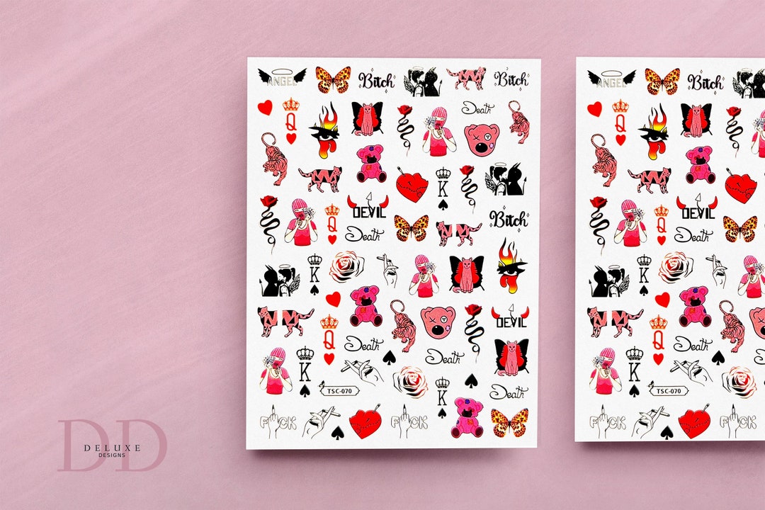 Balaclava Nail Art Stickers Pink Rose Devil Bitch Etsy