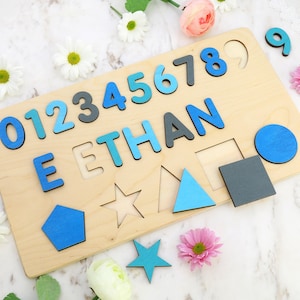 Name Puzzle With Numbers & Shapes, Montessori Toys, Wooden Name with Numbers, Baby Shower Gift, Personalized Baby Puzzle, Wooden Numbers image 5