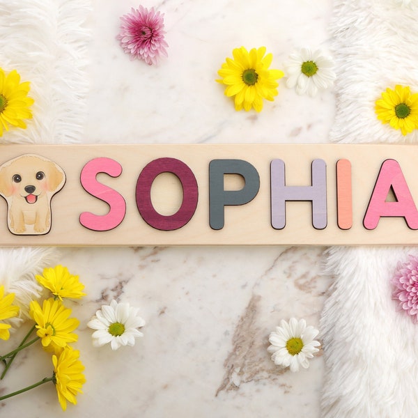 Wooden Personalized Puppy Figure Name Puzzle, Dog Name Puzzle, Golden Retriever, French Bulldog, Dog Lover Baby Gift, Toys for Toddler