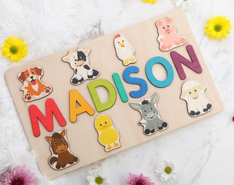 Personalized Farm Animals Nam Puzzle, Custom Name Puzzle for Christmas Gift, Christmas Gift For Toddler Baby Kids, Farm Animal Puzzle