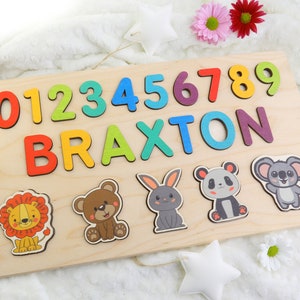 Personalized Name Puzzle with Animals | Baby, Toddler, Kids Toys | Wooden Toys | Baby Shower | Christmas Gifts | First Birthday Girl and Boy