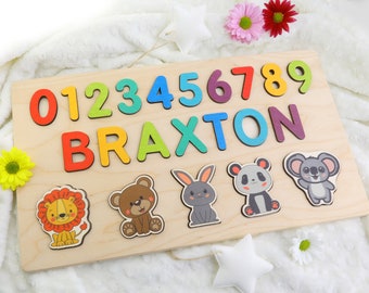 Puzzle de noms personnalisé avec des animaux | Jouets pour bébés, tout-petits, | pour enfants Jouets en bois | Baby Shower | Cadeaux de Noël | Premier anniversaire fille et garçon