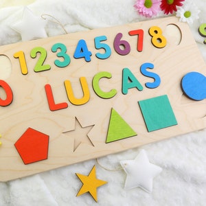 Name Puzzle With Numbers & Shapes, Montessori Toys, Wooden Name with Numbers, Baby Shower Gift, Personalized Baby Puzzle, Wooden Numbers image 2