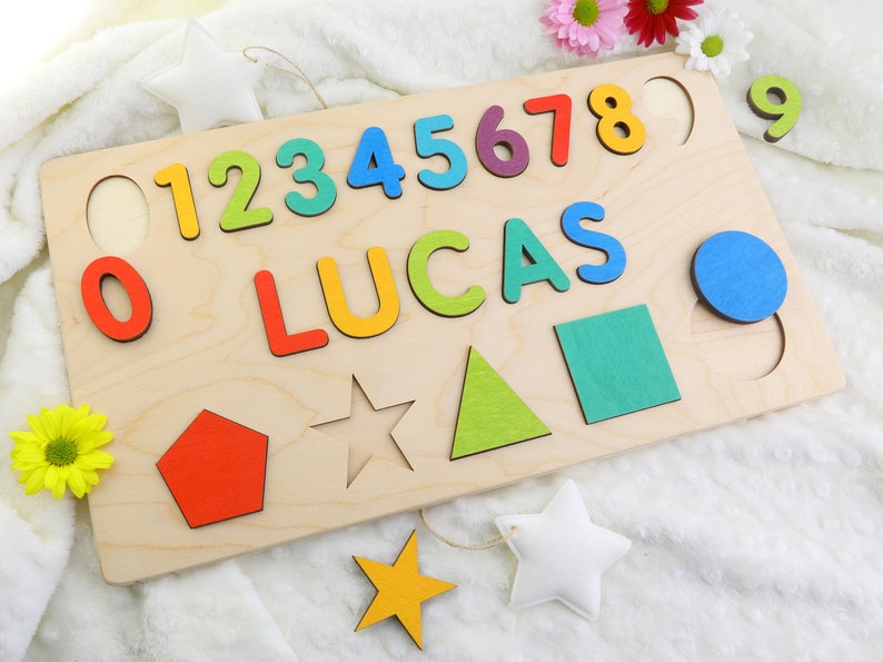 Name Puzzle With Numbers & Shapes, Montessori Toys, Wooden Name with Numbers, Baby Shower Gift, Personalized Baby Puzzle, Wooden Numbers image 2