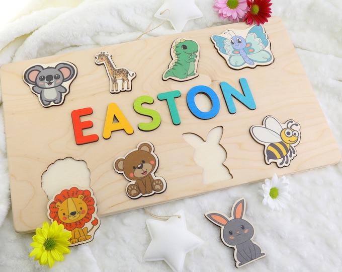 Wooden Name Puzzle by Playwood Name Puzzle with Animals | Toddler Toys | Baby Gifts | Gift for Kids | Christmas Present