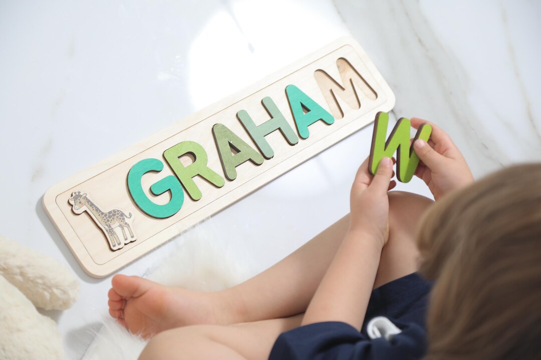 Personalized Wooden Name Puzzle With Animal, Jungle Theme Nursery Gift ...