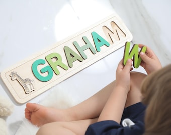 Personalized Wooden Name puzzle With Animal, Jungle Theme Nursery gift, Toddler gift, Baby Name Puzzle, Personalized gift, Birthday gift