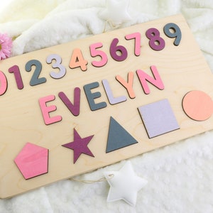 Name Puzzle With Numbers & Shapes, Montessori Toys, Wooden Name with Numbers, Baby Shower Gift, Personalized Baby Puzzle, Wooden Numbers image 3