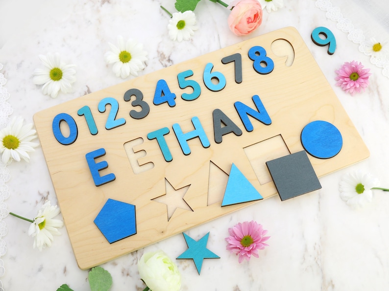 Name Puzzle With Numbers & Shapes, Montessori Toys, Wooden Name with Numbers, Baby Shower Gift, Personalized Baby Puzzle, Wooden Numbers image 5