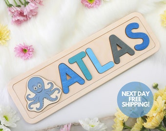Atlas Name Puzzle, Ocean Animals Name Puzzle, Christmas Gift for Kids, Wooden Toy, Personalized Toddler Name Puzzle for Boy, Octopus Puzzle