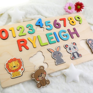 Wooden Name Puzzle by Playwood Name Puzzle with Numbers and Animals | Toddler Toys | Baby Gifts | Gift for Kids | Christmas Gift for Kids