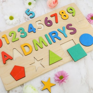 Name Puzzle With Numbers & Shapes, Montessori Toys, Wooden Name with Numbers, Baby Shower Gift, Personalized Baby Puzzle, Wooden Numbers image 6