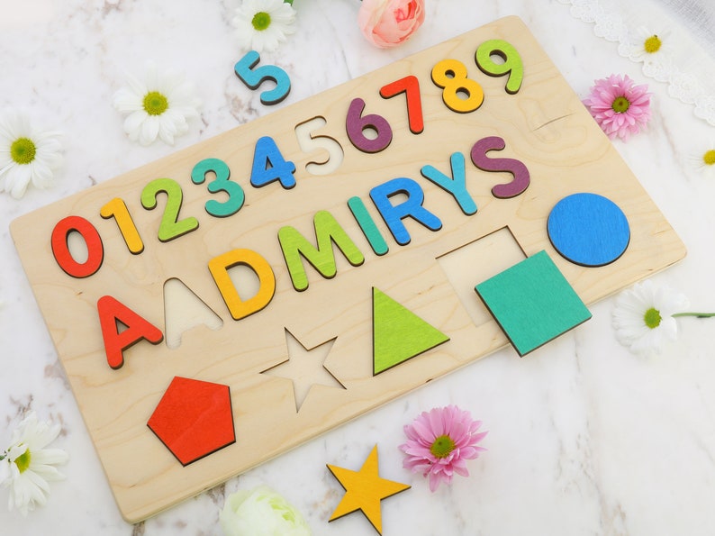 Name Puzzle With Numbers & Shapes, Montessori Toys, Wooden Name with Numbers, Baby Shower Gift, Personalized Baby Puzzle, Wooden Numbers image 6