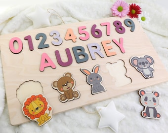 Name Puzzle With Animals, Busy Board, Montessori Toys, Wooden Name with Numbers, Baby Shower Gift, Personalized Baby Puzzle, Wooden Numbers