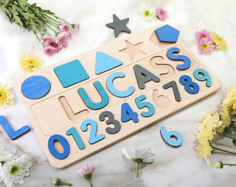 Wooden Personalized Name Puzzle Numbers and Shapes, 1st Birthday Gift Toys for Toddler