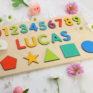 Name Puzzle With Numbers & Shapes, Montessori Toys, Wooden Name with Numbers, Baby Shower Gift, Personalized Baby Puzzle, Wooden Numbers image 7
