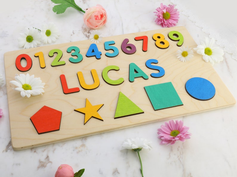 Name Puzzle With Numbers & Shapes, Montessori Toys, Wooden Name with Numbers, Baby Shower Gift, Personalized Baby Puzzle, Wooden Numbers image 7