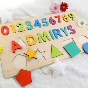 Name Puzzle With Numbers & Shapes, Montessori Toys, Wooden Name with Numbers, Baby Shower Gift, Personalized Baby Puzzle, Wooden Numbers image 4