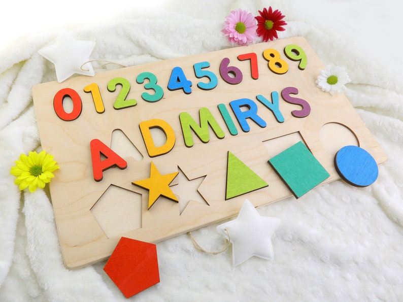 Name Puzzle With Numbers & Shapes, Montessori Toys, Wooden Name with Numbers, Baby Shower Gift, Personalized Baby Puzzle, Wooden Numbers image 4