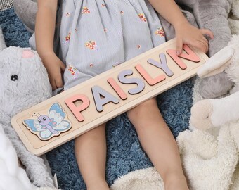 Name Puzzle Girl - Wooden Toy with Butterfly at extra charge - Kids Name Sign - Customized Puzzle