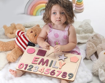 Custom Handmade Name Puzzle with Shapes Numbers | Personalized Birthday Gift for Kids | Christmas Gifts for Toddlers | Unique New Baby Gift