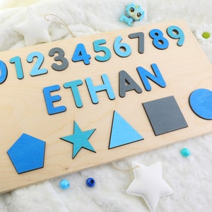 Name Puzzle With Numbers & Shapes, Montessori Toys, Wooden Name with Numbers, Baby Shower Gift, Personalized Baby Puzzle, Wooden Numbers image 1