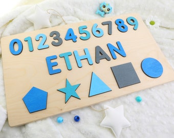 Name Puzzle With Numbers & Shapes, Montessori Toys, Wooden Name with Numbers, Baby Shower Gift, Personalized Baby Puzzle, Wooden Numbers