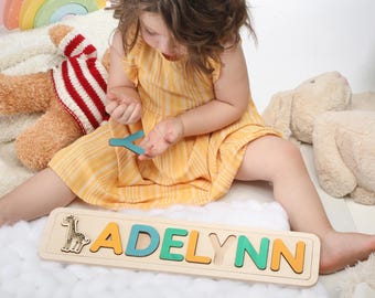 Personalized Baby Name Puzzle, Pink Nursery Decor, Wooden Kids Name Jigsaw Puzzle, Baby Shower First Birthday Gift, Name Puzzle Toddler