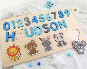 Wooden Name Puzzle by Playwood Name Puzzle with Numbers and Animals | Toddler Toys | Baby Gifts | Gift for Kids | Christmas Gift for Kids