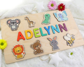 Personalized Name Puzzle with Animals | Baby, Toddler, Kids Toys | Wooden Toys | Baby Shower | Christmas Gifts | First Birthday Girl and Boy