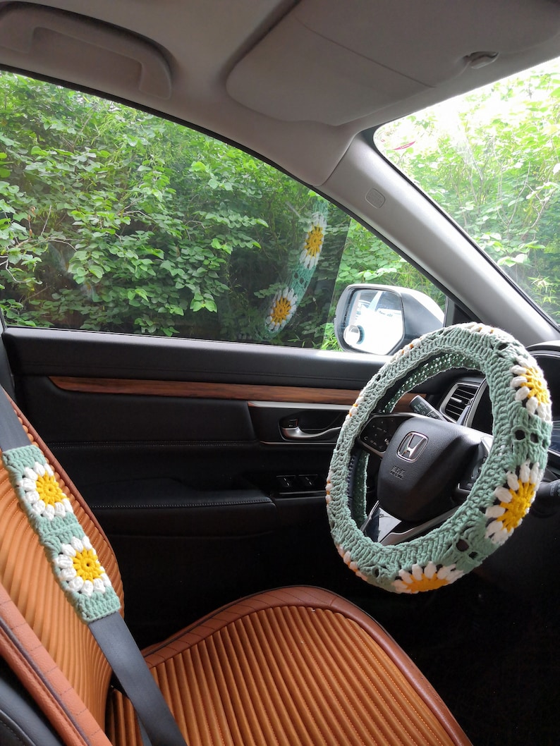 Steering Wheel Cover,Sunflower Steering Wheel Cover,Crochet Steering Wheel Cover,Steering Wheel Cover For Women,Cute Steering Wheel Cover B  A+1 belt cover