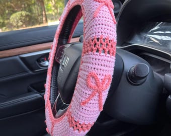 Pink Bow Car Steering Wheel Cover,Crochet Bow Steering Wheel Cover Seat Belt Cover For Women And Girl,New Style Car Accessories,Gift For Her