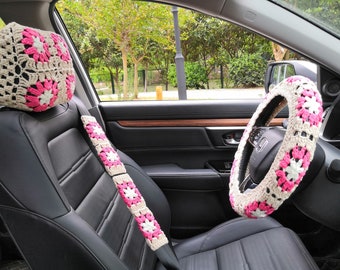 Funda de reposacabezas de coche de ganchillo con diseño de girasol: decoración para el coche hecha a mano