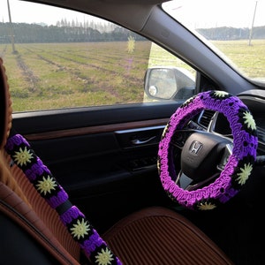Car Steering Wheel Cover,Crochet Steering Wheel Cover For Women,Purple Seatbelt cover,Sunflower Steering Wheel,Cute Steering Wheel Cover