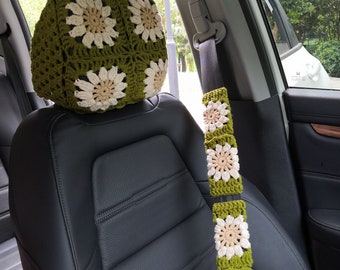 Crochet Sunflower Car Accessory Set: Steering Wheel Cover & Headrest Covers