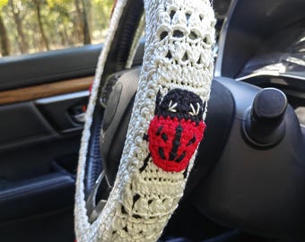 Crochet Ladybug Steering Wheel Cover: Cream White Car Accessory
