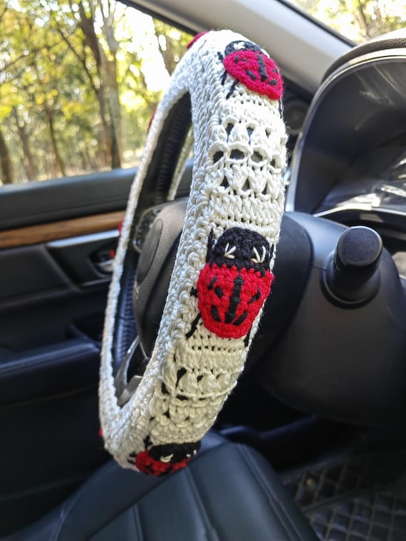 Crochet Ladybug Steering Wheel Cover: Cream White Car Accessory