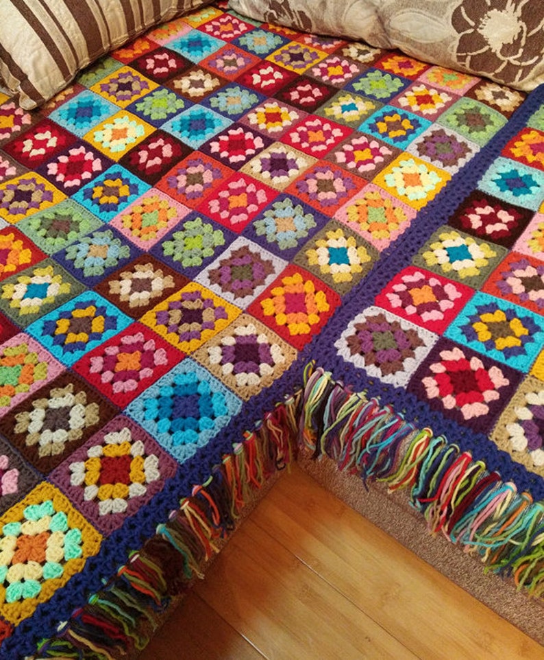 Large Vintage Afghan Blanket Throwgranny SQUARES Crocheted Etsy