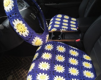 Housse de siège auto tournesol au crochet : décoration automobile faite main