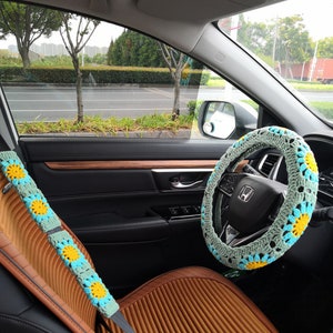 Crochet Sunflower Steering Wheel Cover & Seat Belt Cover Set