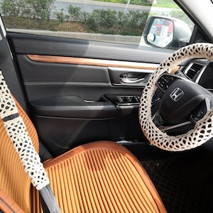 Steering Wheel Cover for Car,Solid Color Boho Steering Wheel Cover Set with Seat Belt Cover,Hand Crocheted Steering Wheel Cover,gift for her
