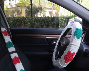 Handmade Crochet Rainbow Star Steering Wheel Cover: Car Decor