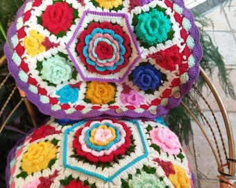 Handmade Crochet peony,Crochet Hook Bolster Flower Cushion Cover Sofa Seat Car Throw Car Back Cushion Cover Decor Pillow Case,Home Hecor