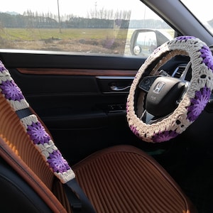 Steering Wheel Cover,Crochet Sunflower Steering Wheel Cover,Steering Wheel Cover For Women,Cute Steering Wheel Cover,Purple Seatbelt cover